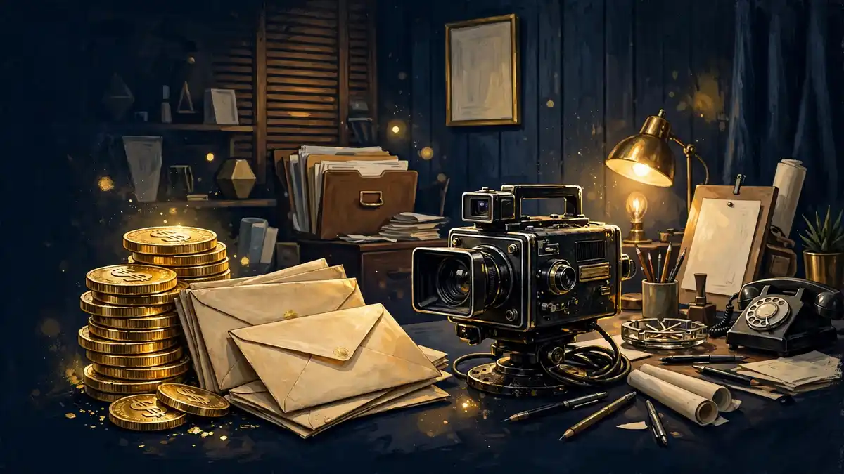 Editorial illustration of gold coins and a vintage television camera representing television salary earnings