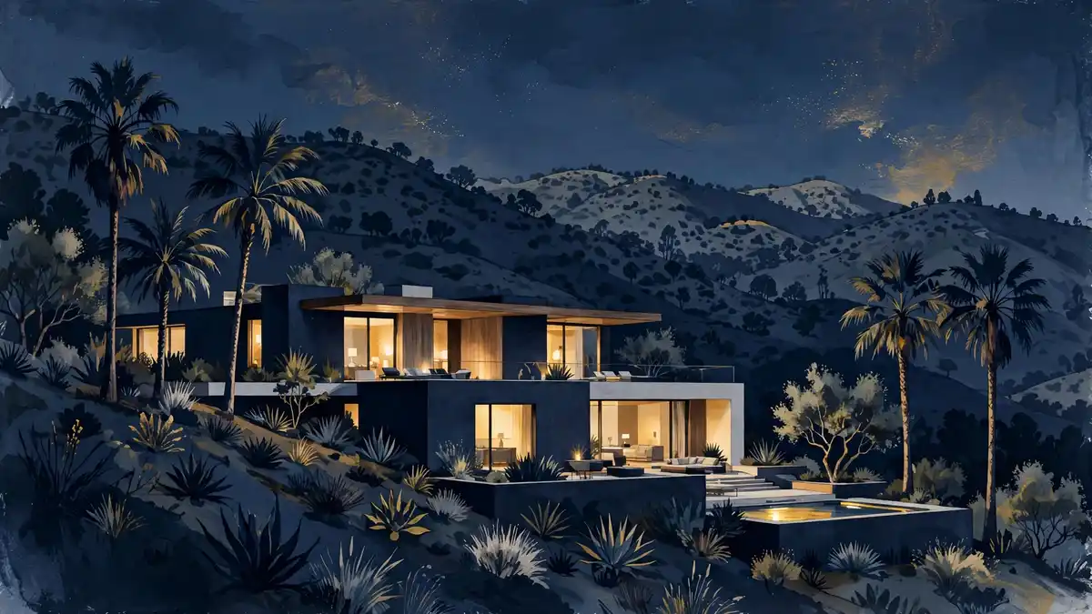 Editorial illustration of a luxury Los Angeles hillside villa at dusk representing Jon Hamm's real estate