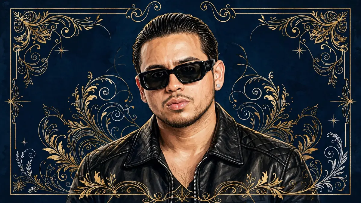 Stylized navy-and-gold illustrated portrait of Jesus Ortiz Paz, known as JOP, lead singer of Fuerza Regida