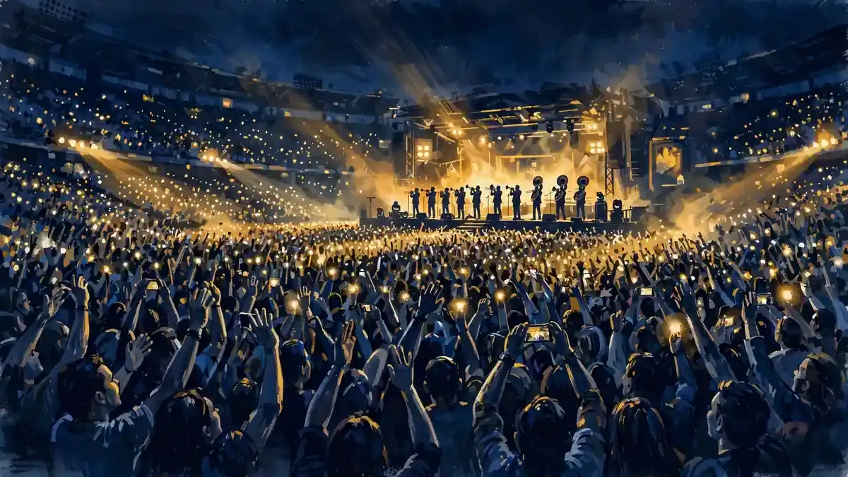 Illustration of a sold-out stadium crowd at a regional Mexican concert under golden stage lights