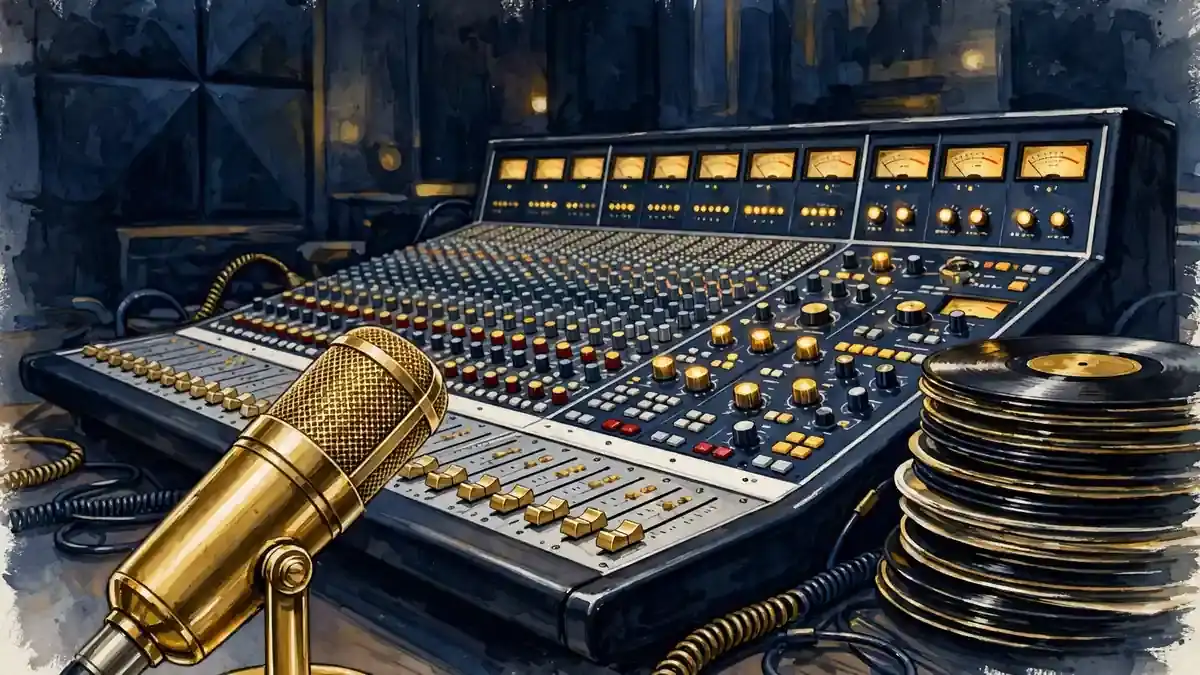 Illustration of a recording studio mixing console and vinyl records representing Street Mob Records
