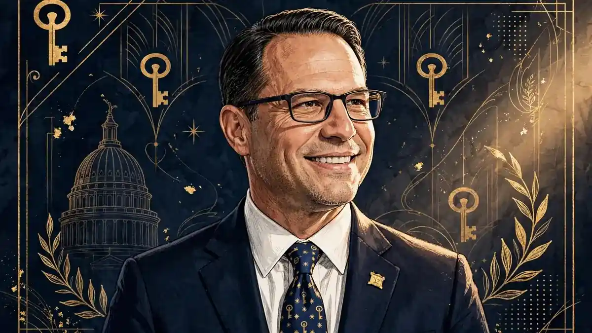 Illustrated portrait of Pennsylvania Governor Josh Shapiro in navy and gold editorial style