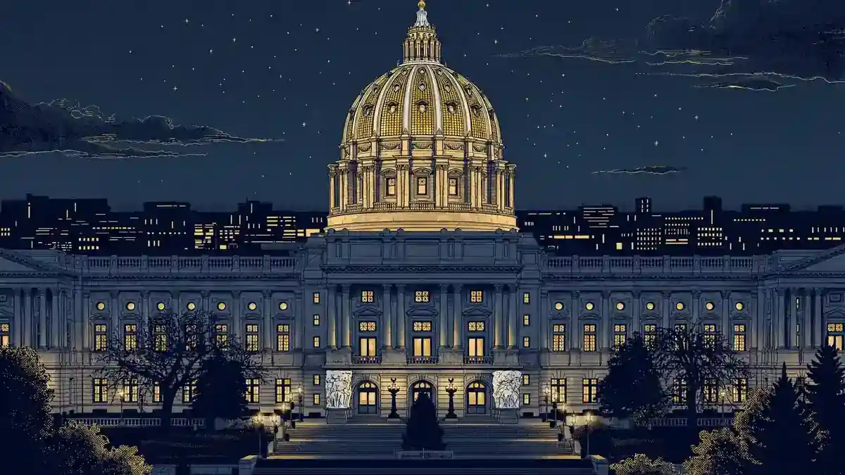 Illustration of the Pennsylvania State Capitol dome in Harrisburg at dusk