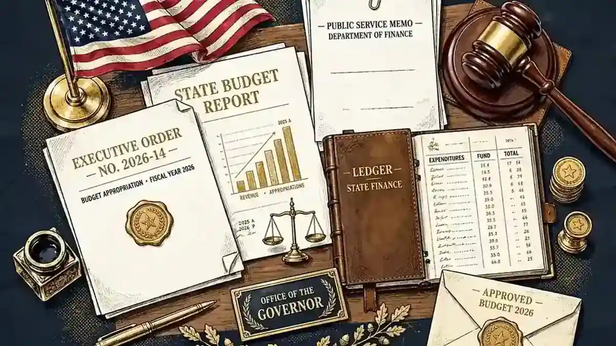 Illustration of a governor's office desk with an American flag and official documents