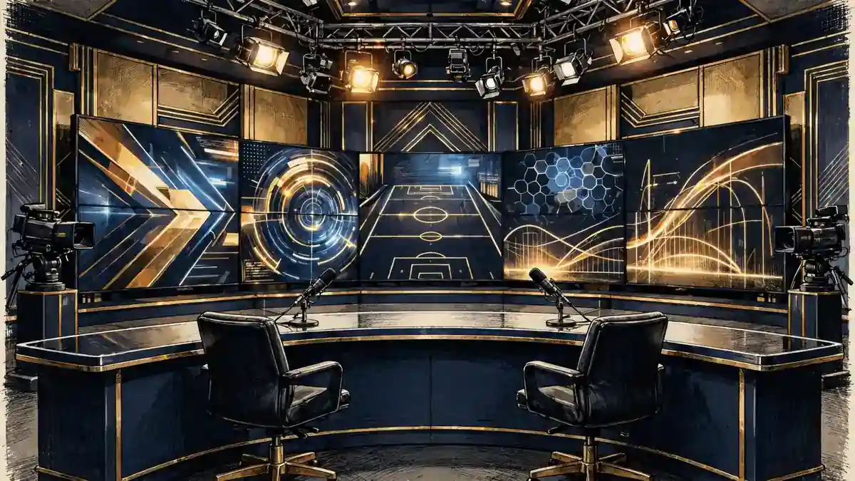 Illustration of an empty sports debate show studio desk in navy and gold