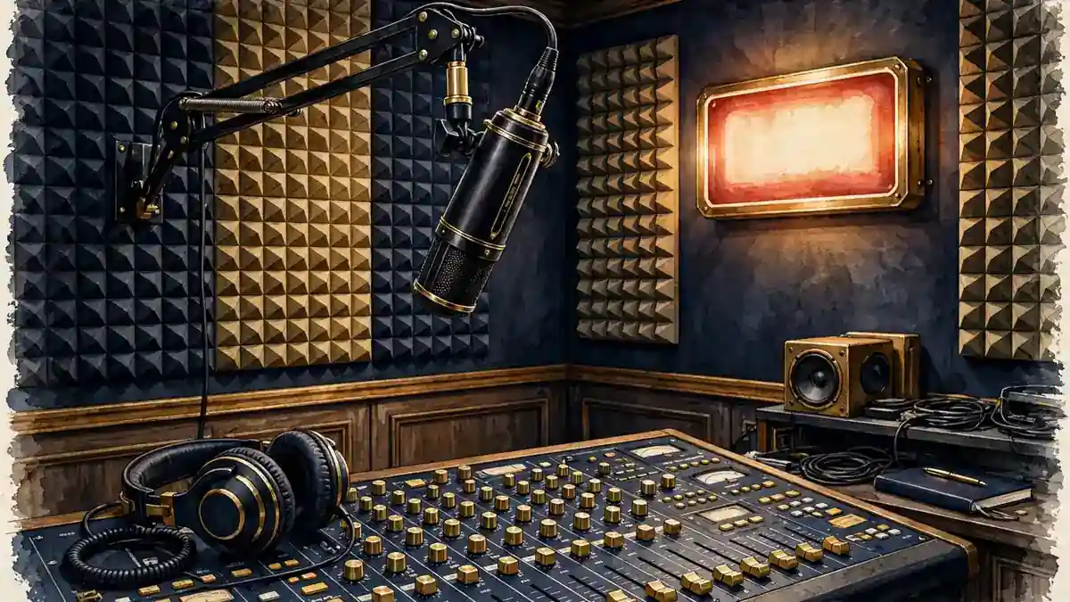 Illustration of a broadcast microphone in a navy and gold radio studio