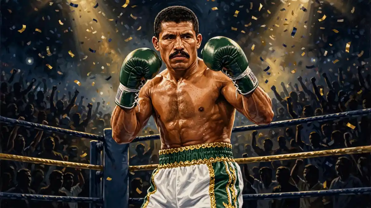 Stylized illustrated portrait of Julio Cesar Chavez with green boxing gloves in a navy and gold ring scene