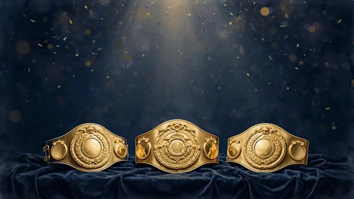 Illustration of three gold championship boxing belts on navy velvet representing Julio Cesar Chavez's six world-title reigns in three weight divisions