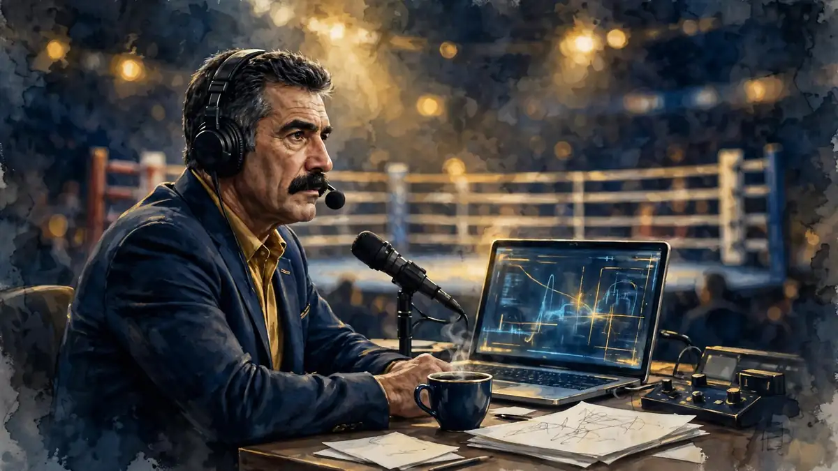 Illustration of Julio Cesar Chavez as a veteran boxing broadcast analyst at a ringside desk with headset and microphone