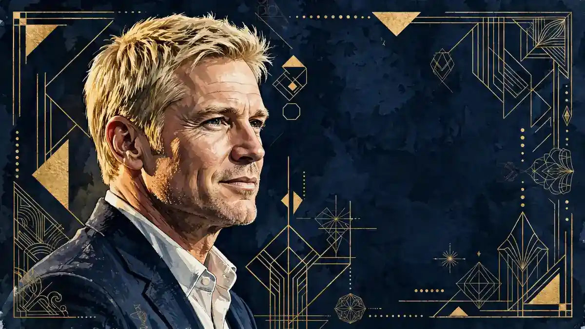 Stylized illustrated portrait of Justin Hartley in the NetWorthCraft navy and gold editorial style