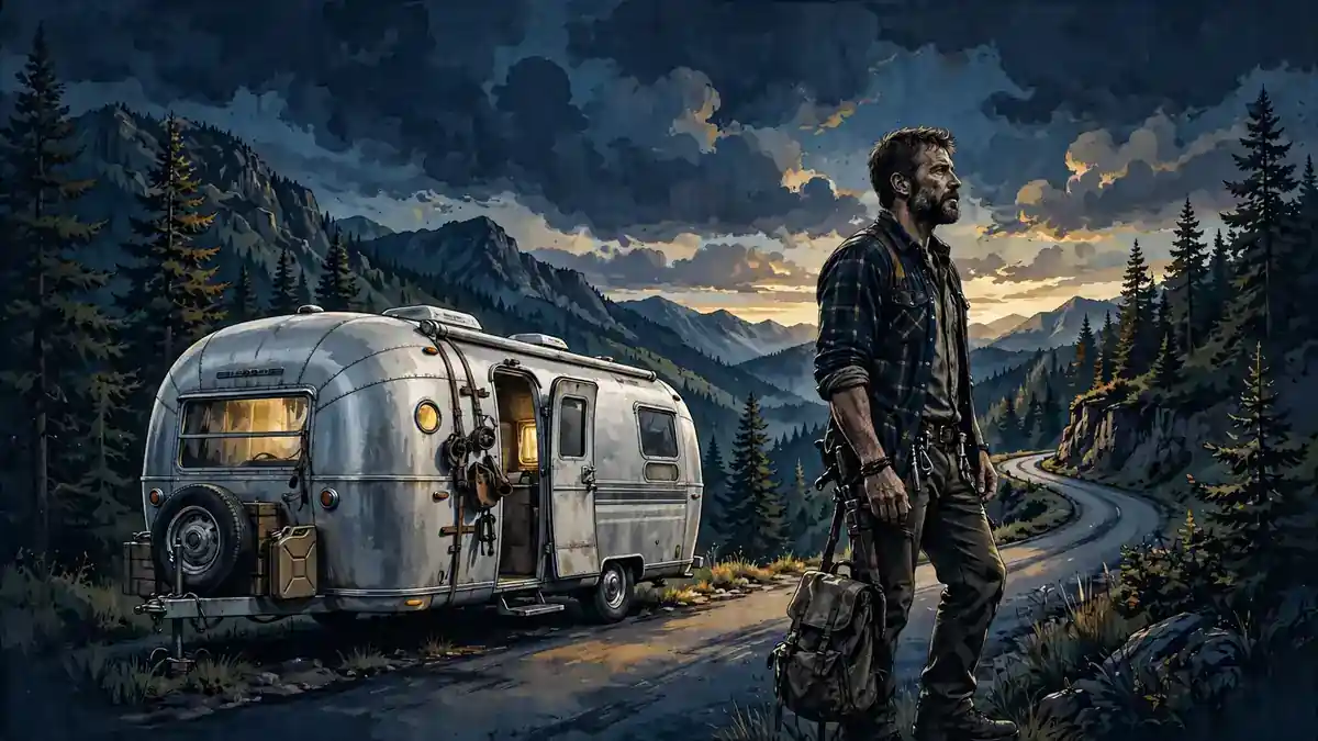 Illustration of a lone survivalist with a travel trailer on a mountain road, inspired by Hartley's Tracker role