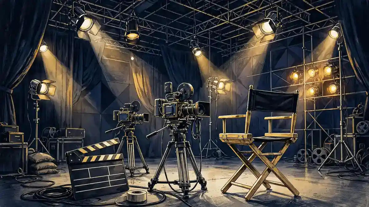 Illustration of a television production set with cameras, lights and a director's chair