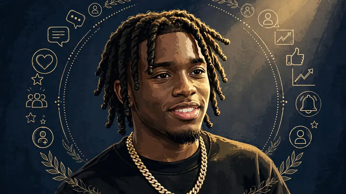Stylized editorial portrait of Kai Cenat with short locs and a gold chain against a deep navy backdrop
