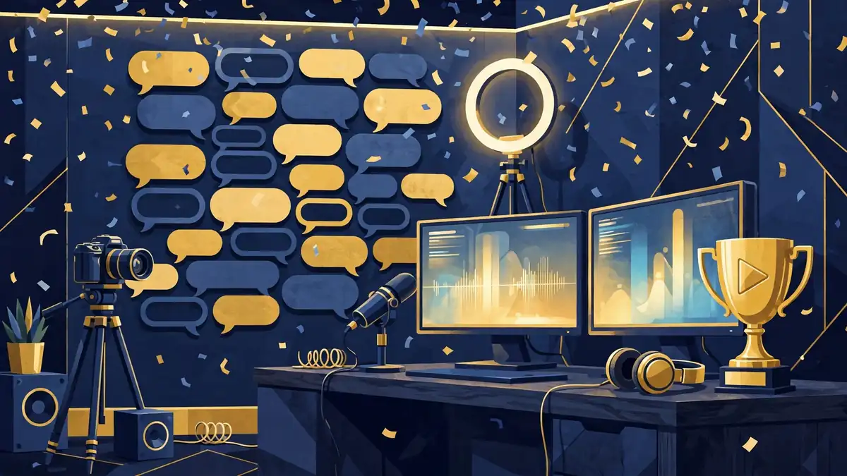 Illustration of a subathon streaming marathon studio with cameras, ring light, monitors and a gold play-button trophy
