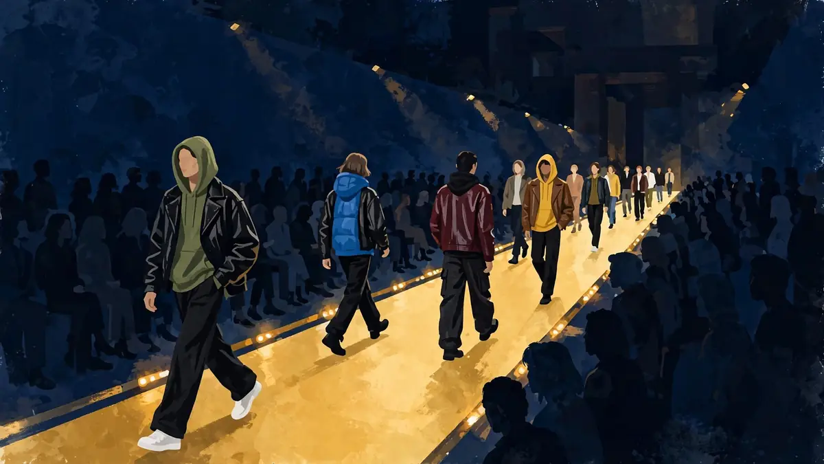 Illustration of a fashion runway at night with models in streetwear and a gold catwalk