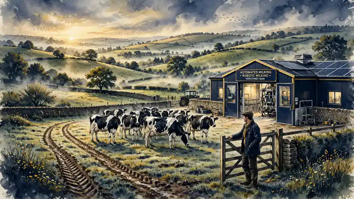 Illustration of a dairy farm at sunrise with cows and an automated milking barn