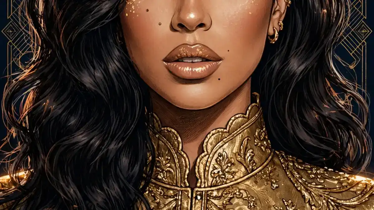 Stylized illustrated portrait of Kali Uchis in gold tones against a dark navy background
