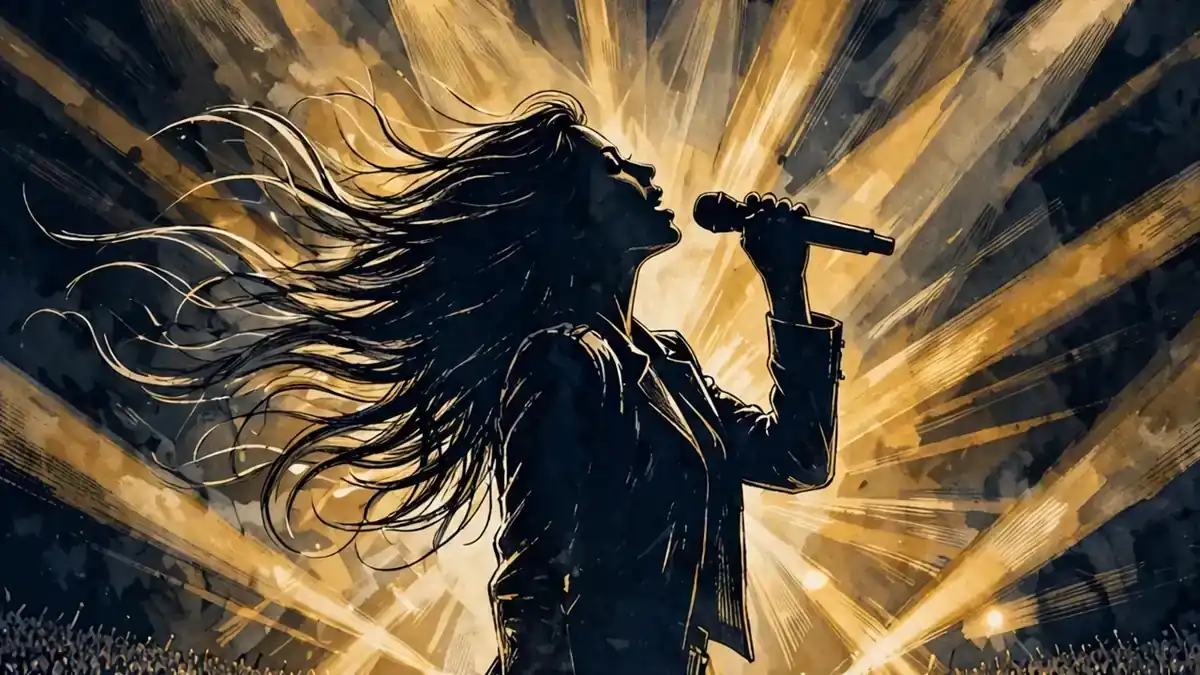 Stylized illustration of a female singer performing on an arena stage under gold lights before a large crowd