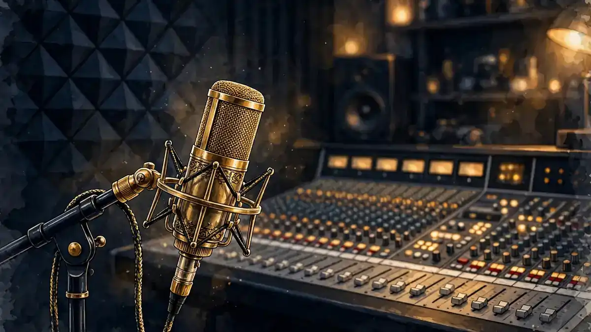 Stylized illustration of a vintage studio microphone and mixing console in a moody recording studio