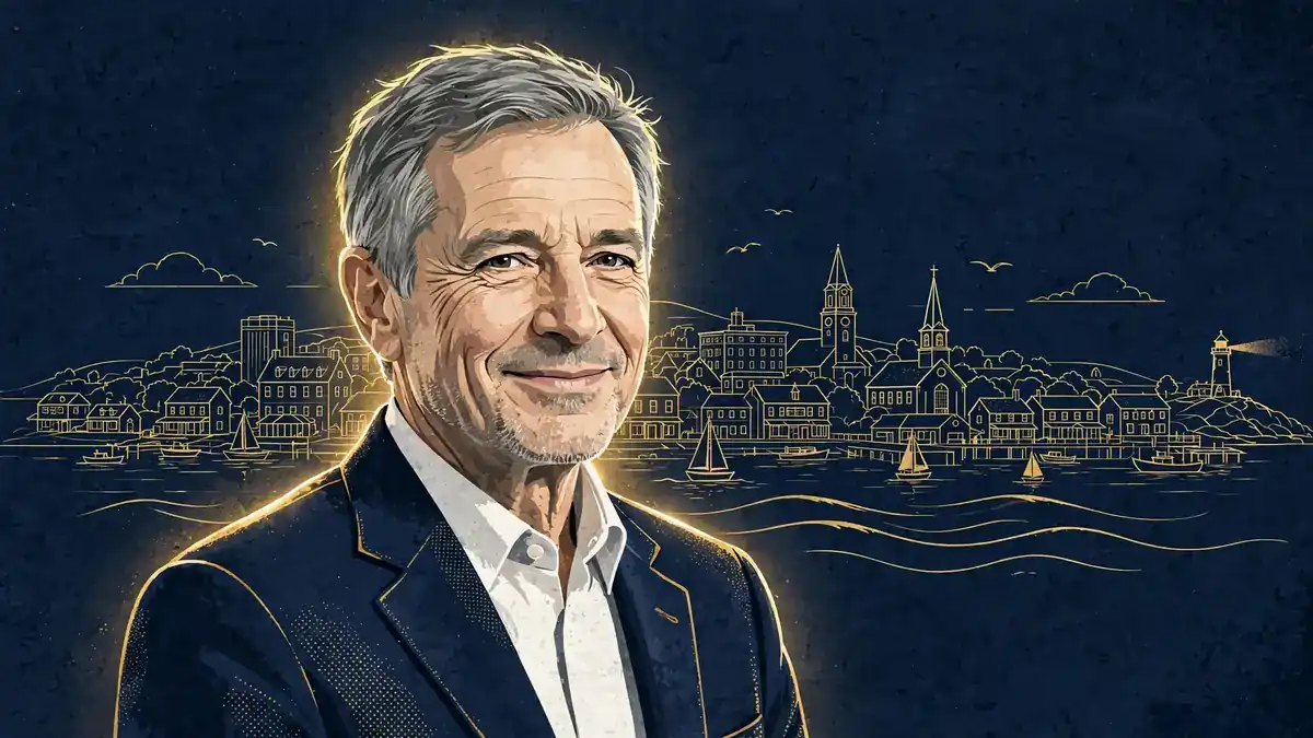 Stylized editorial illustration of Nicholas Riccio, Karoline Leavitt's husband, a gray-haired real estate developer, in navy and gold