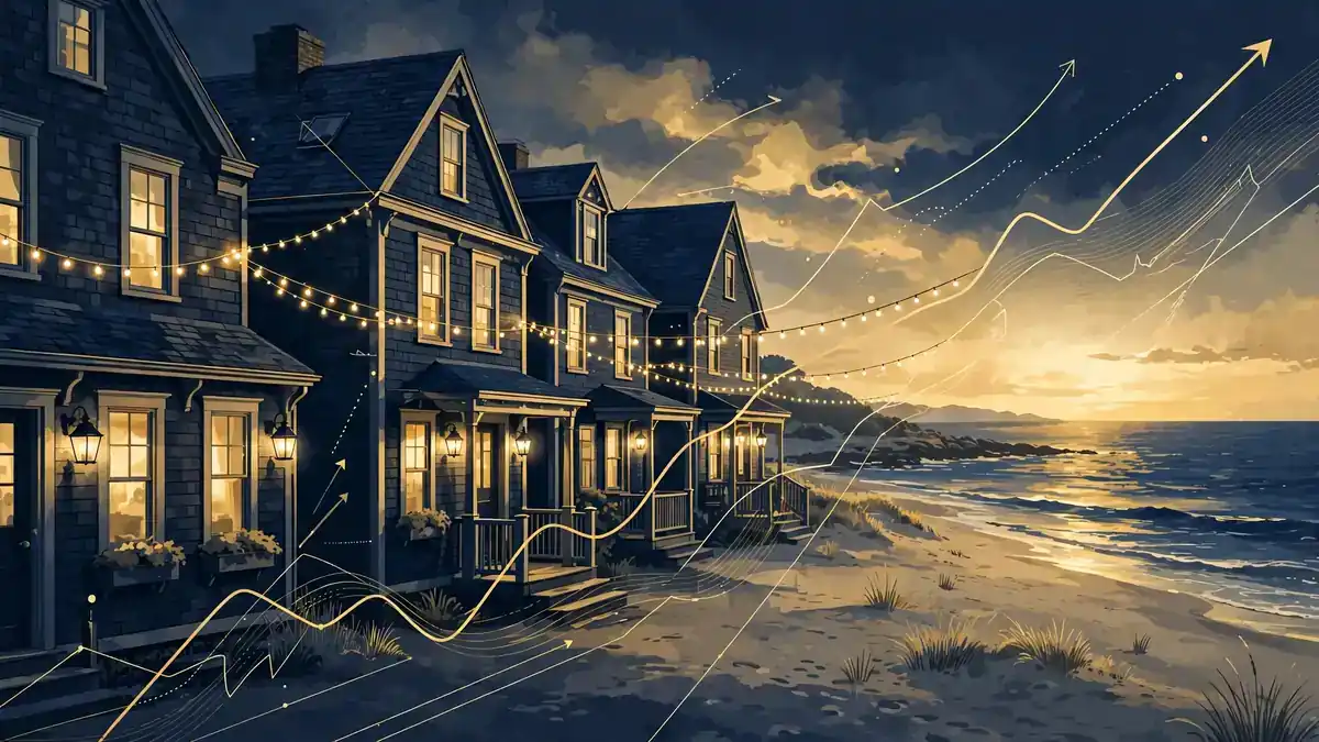 Illustration of renovated Hampton Beach rental buildings on a New England beachfront at golden hour, in navy and gold editorial style