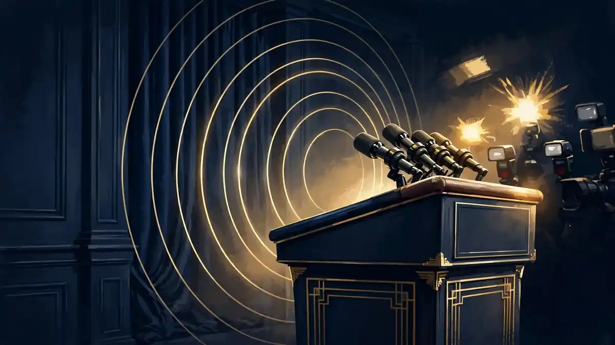 Illustration of a White House press briefing room podium with microphones and cameras, in navy and gold editorial style