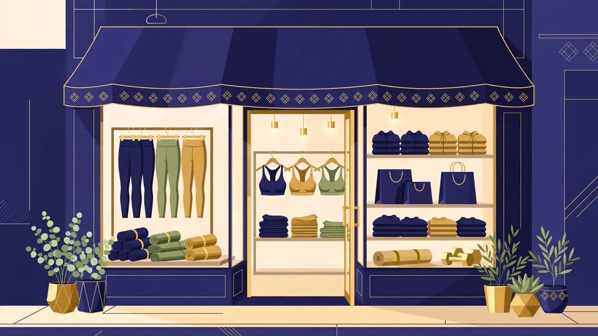 Illustration of an athleisure boutique storefront with activewear on display, inspired by Fabletics