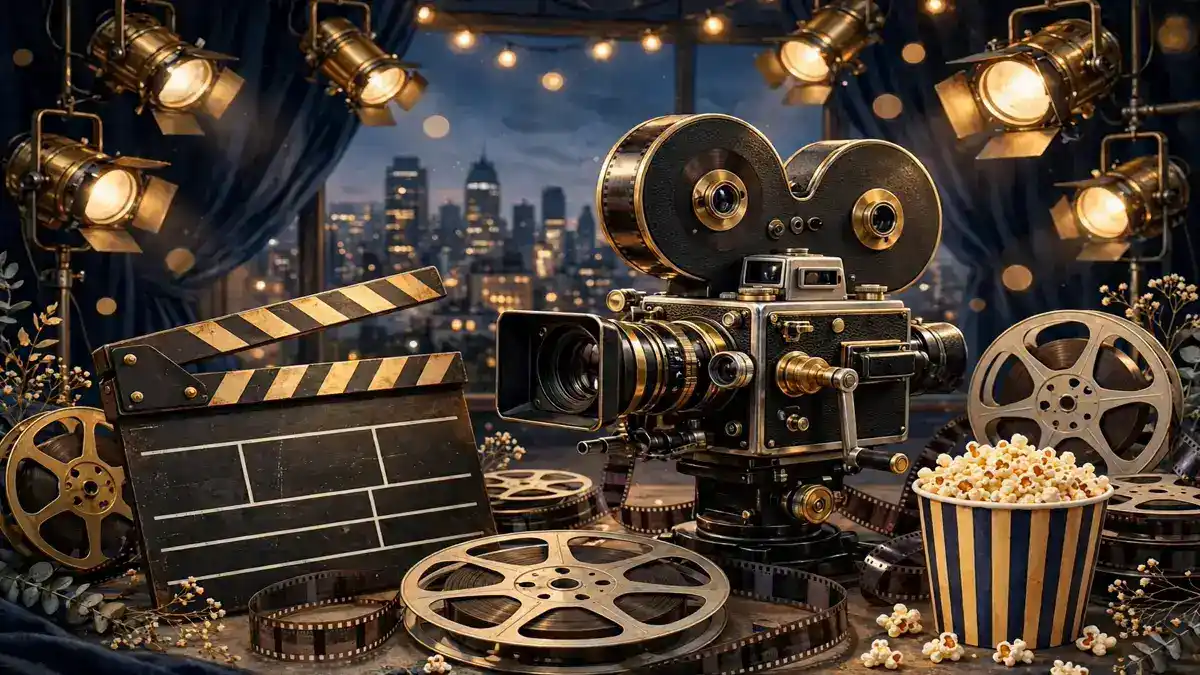Illustration of a vintage film camera and clapperboard on a studio set, inspired by Kate Hudson's rom-com career
