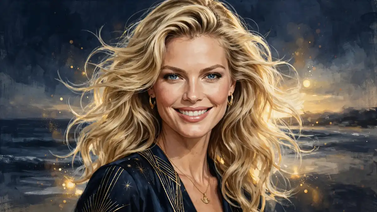 Illustrated portrait of Kate Upton in navy and gold editorial style