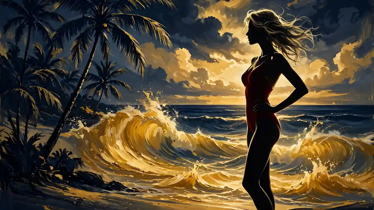 Illustration of a swimsuit magazine beach shoot in navy and gold editorial style