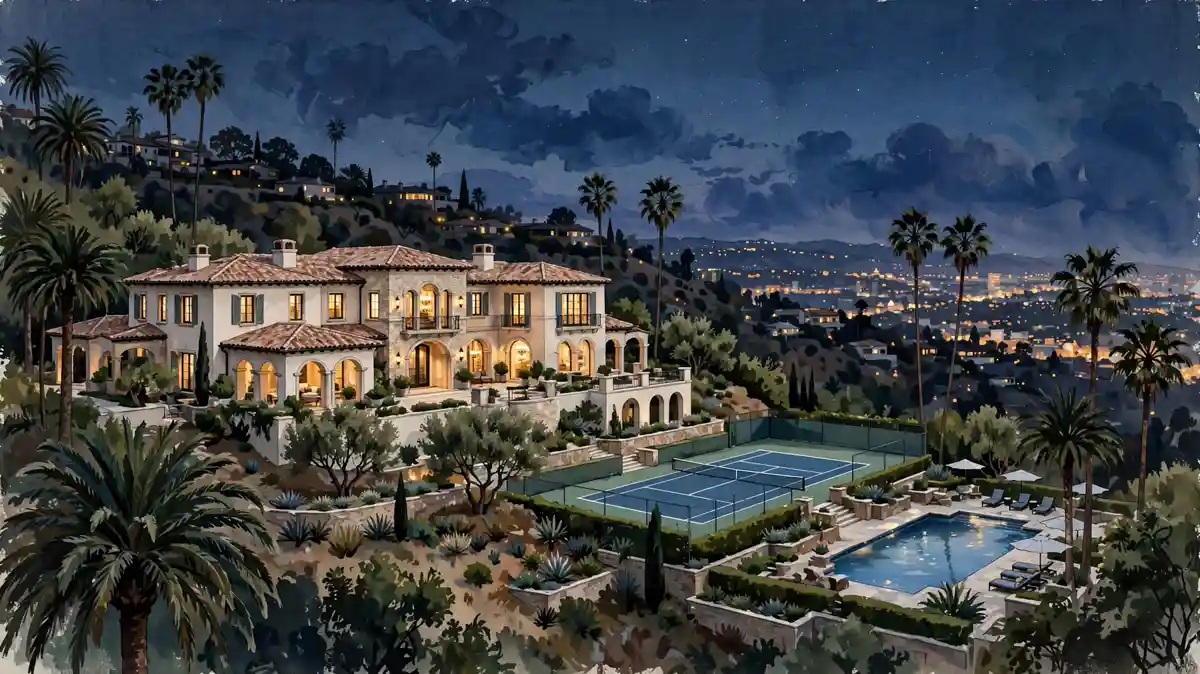 Illustration of a luxury Beverly Hills mansion with tennis court at dusk in navy and gold style