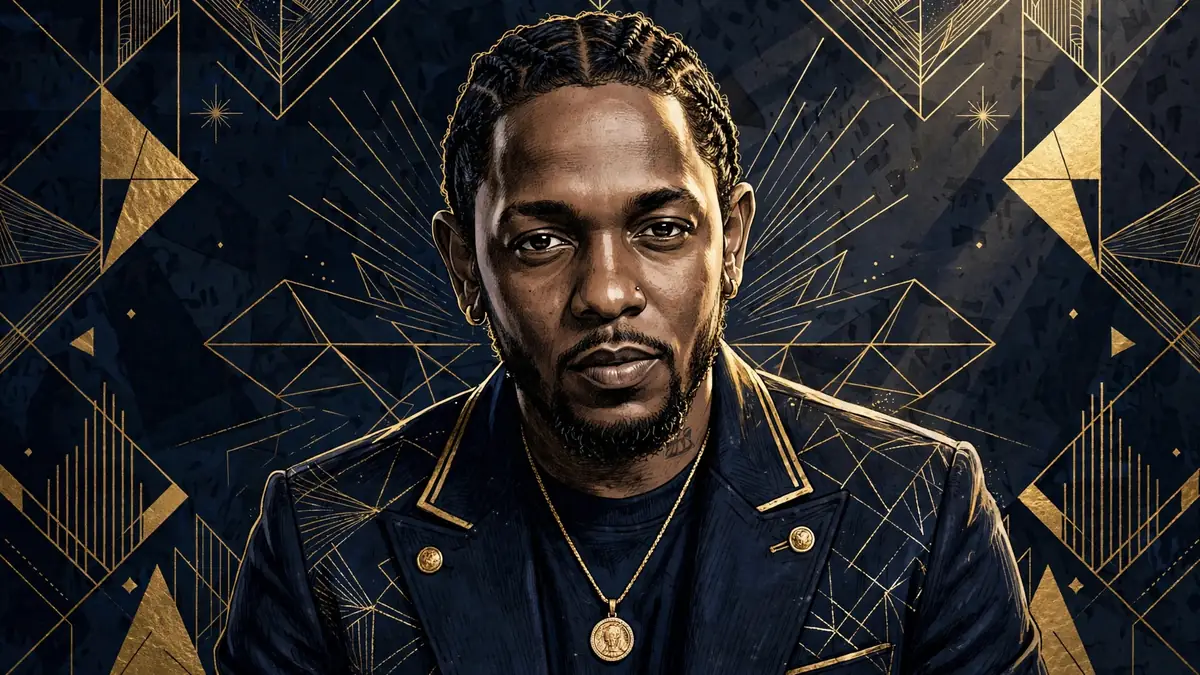 Stylized illustrated portrait of rapper Kendrick Lamar against a navy and gold background