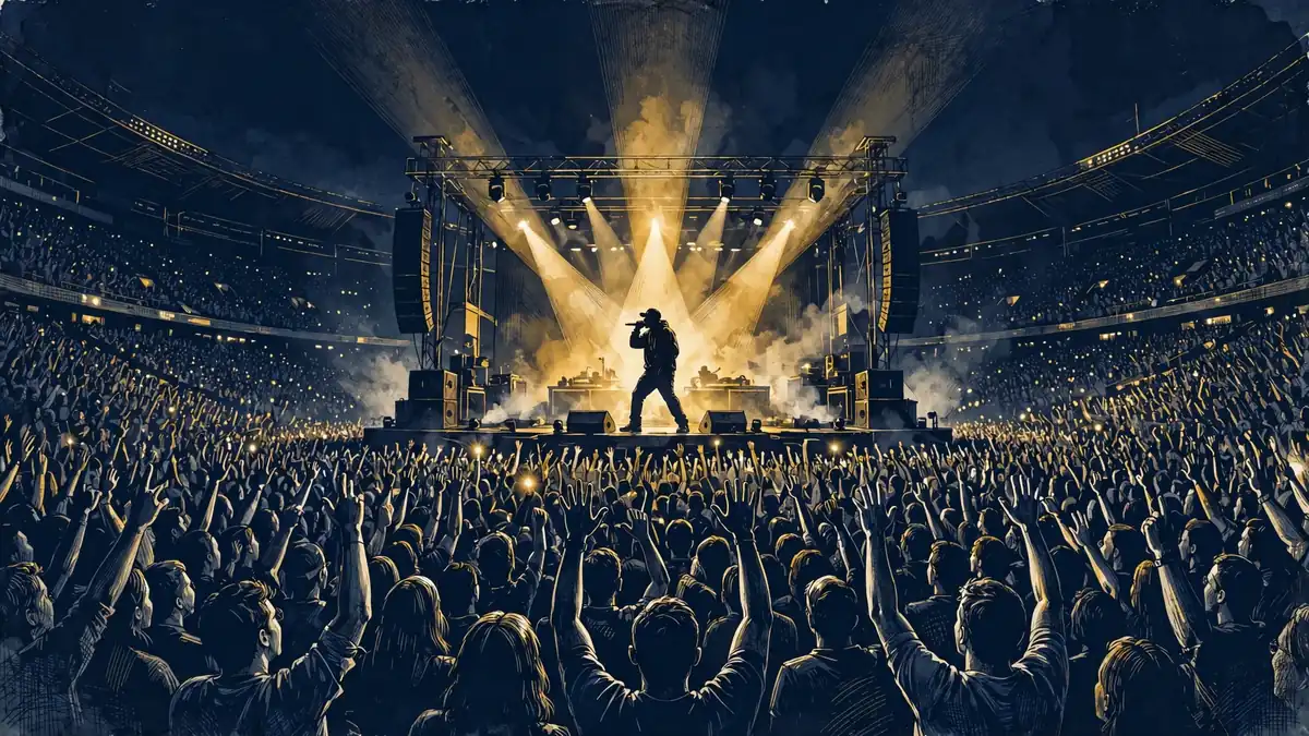 Stylized illustration of a massive stadium concert at night with dramatic spotlights in navy and gold