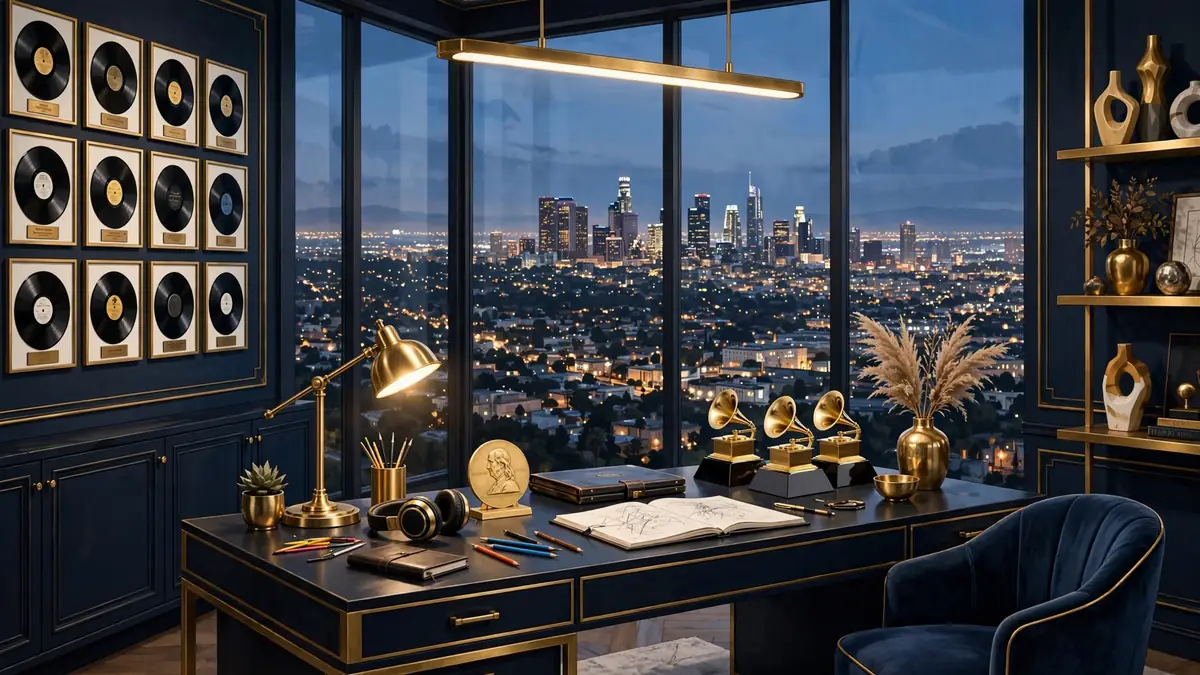 Stylized illustration of a luxury creative studio office at dusk with Grammy trophies and gold accents in navy and gold