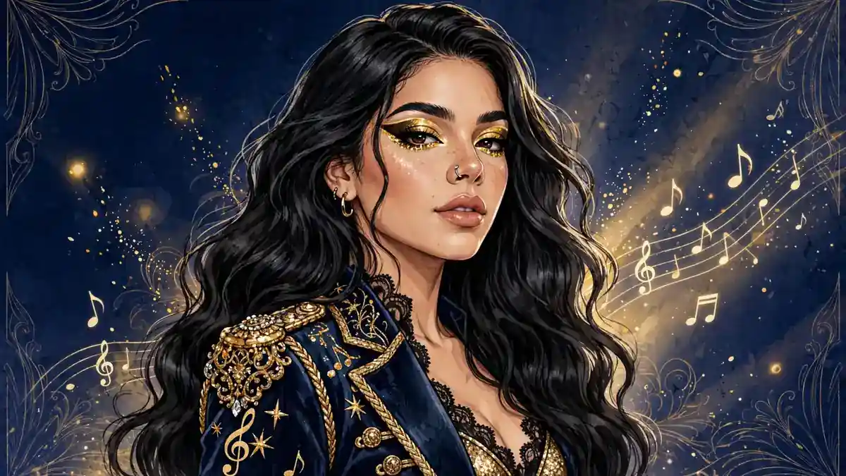 Stylized illustrated portrait of Mexican singer Kenia Os with long dark hair against a navy and gold background