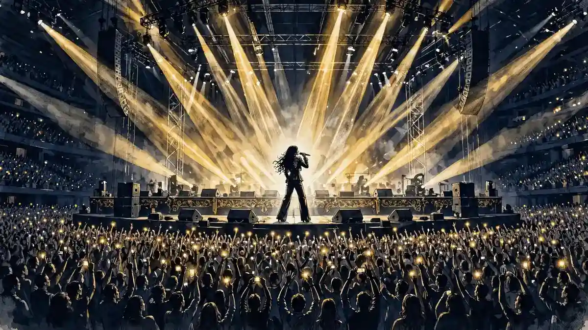 Illustration of Kenia Os performing on stage before a packed arena with golden spotlights