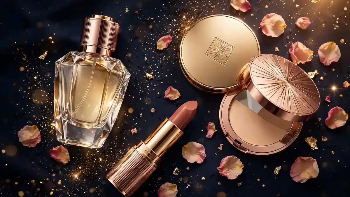 Illustration of luxury cosmetics and perfume products in gold tones on a navy background