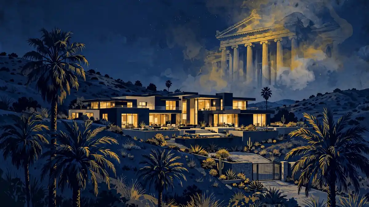 Illustration of a luxury Hidden Hills mansion at dusk