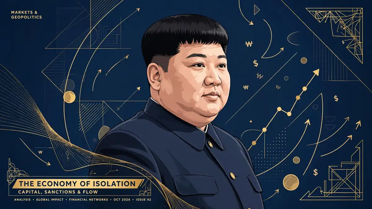 Stylized illustrated portrait of North Korean leader Kim Jong Un in navy and gold editorial style