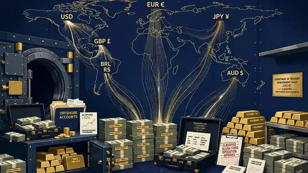 Stylized editorial illustration of a secret slush-fund vault with global currency flowing in from a world map