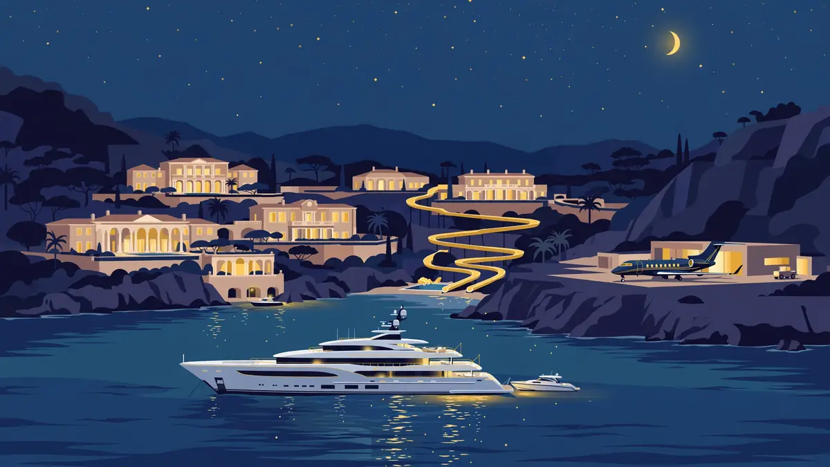 Stylized editorial illustration of a luxury yacht off a secluded coastline with palatial villas at dusk