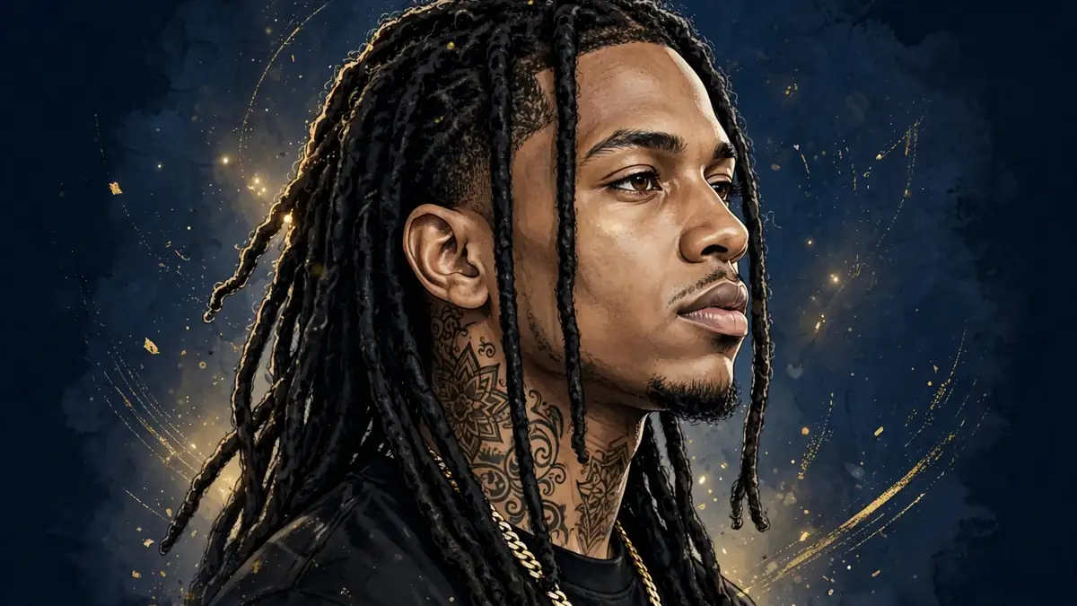 Stylized editorial illustration of King Von, the Chicago drill rapper, in navy and gold