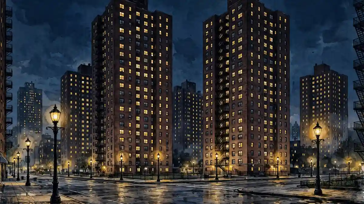 Illustrated dusk view of Chicago South Side brick apartment towers evoking Parkway Gardens, known as O'Block