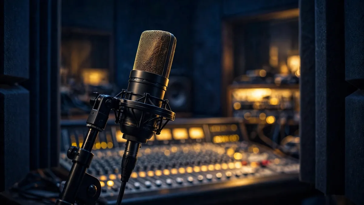 Illustrated recording studio vocal booth with a gold-lit microphone, evoking King Von's posthumous catalog