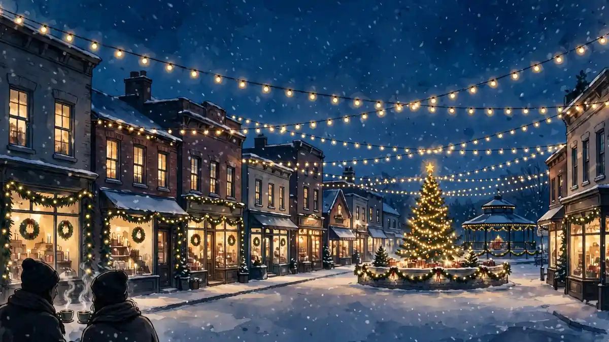 Illustration of a cozy snow-covered small-town Christmas street at dusk with glowing shop windows and a decorated tree