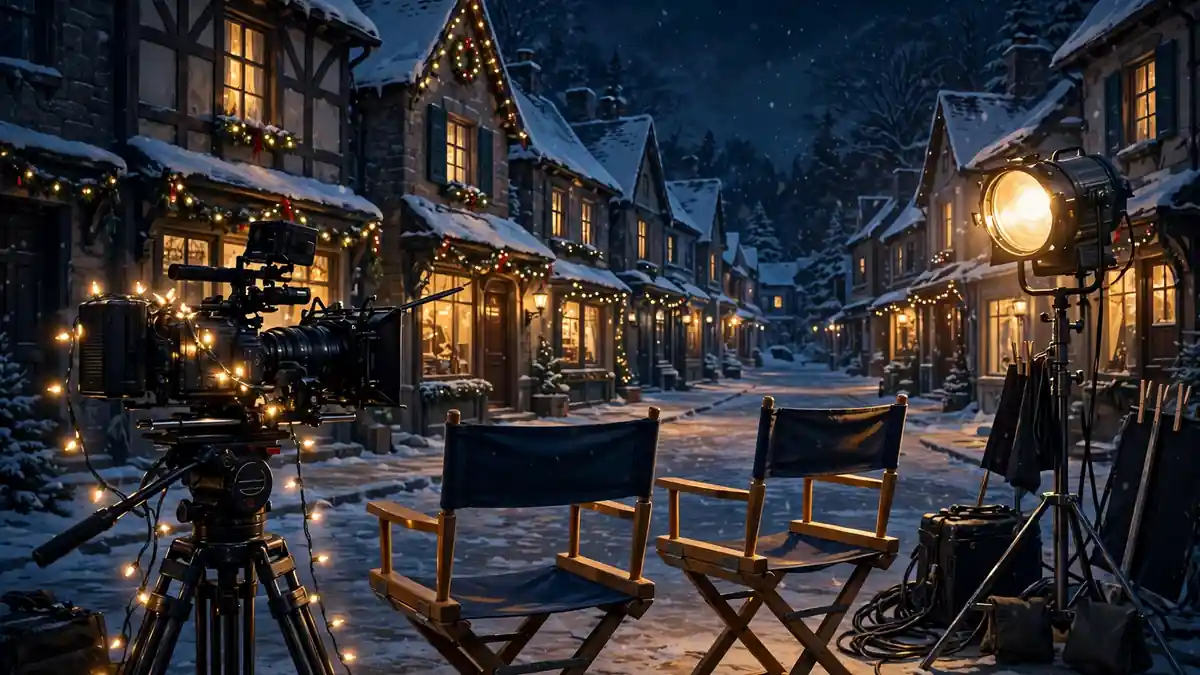 Illustration of a film camera and director's chairs on a snowy Christmas movie set at night