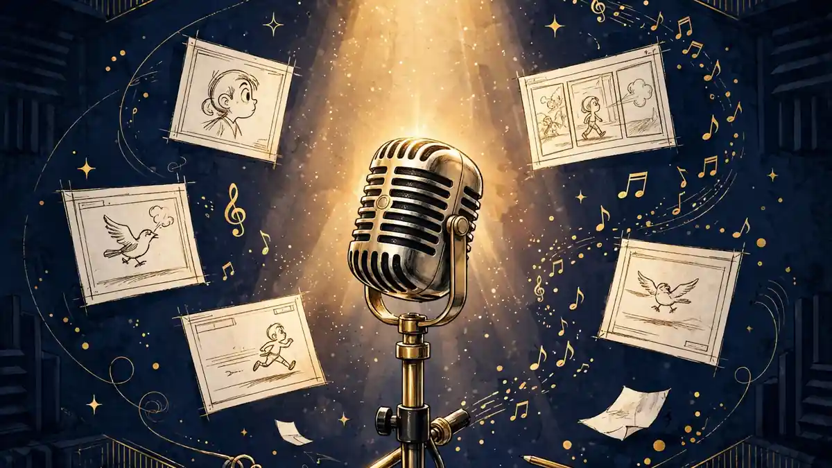 Illustration of a vintage studio microphone surrounded by animation storyboard frames