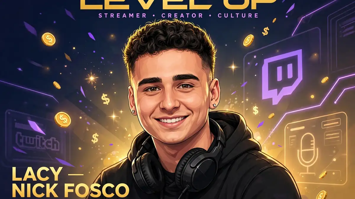 Stylized navy-and-gold editorial portrait of Twitch streamer Lacy (Nick Fosco)