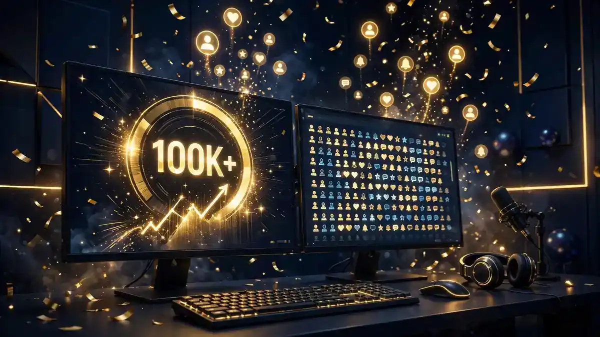 Editorial illustration of a Twitch subathon battlestation with a soaring subscriber counter and golden confetti