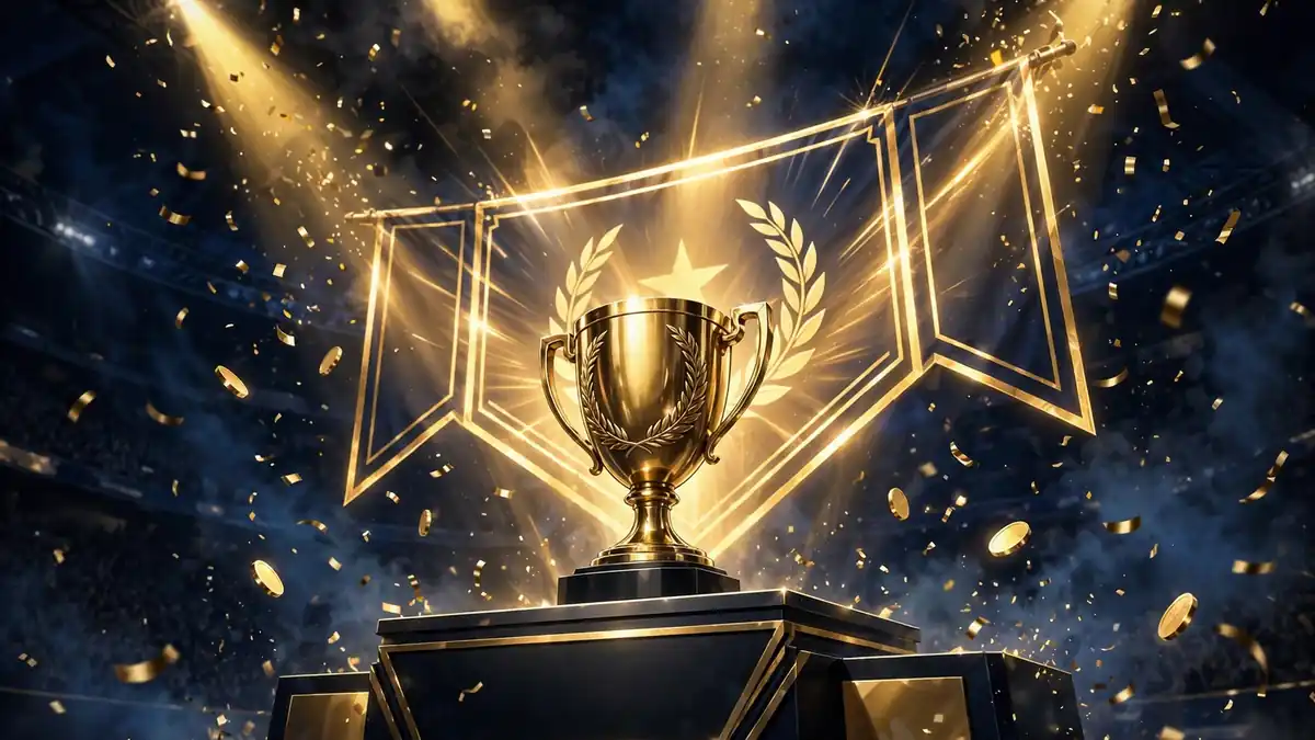 Editorial illustration of a golden esports trophy under arena spotlights